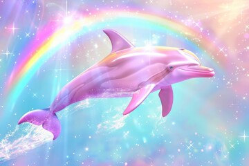 A dolphin is flying through a rainbow in the sky