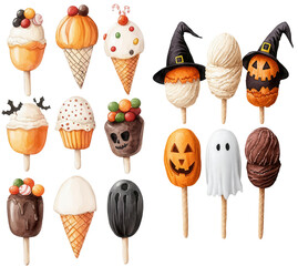 Watercolors A festive collection of Halloween-themed ice cream balls with unique designs, perfect for seasonal celebrations. Isolated on PNGs transparent background