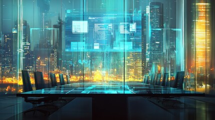 Futuristic conference room with city skyline and digital displays.