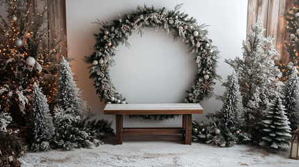 big christmas wreath made of fir branches with bench on white background