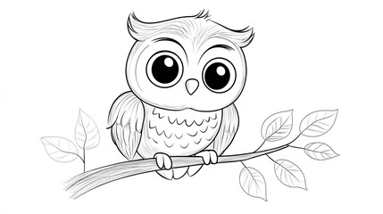 Sticker - A black and white drawing of a cute cartoon owl sitting on a branch.