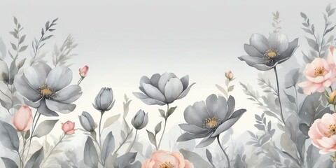 Wall Mural - pretty gray theme flowers on pastel gray background, concept for banner, watercolor style