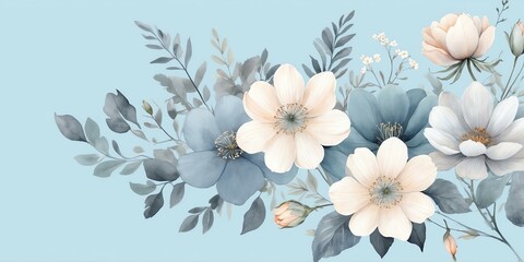 Wall Mural - pretty gray theme flowers on pastel blue background, concept for banner, watercolor style