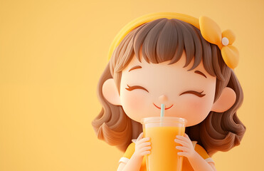 Wall Mural - Hand drawn cartoon illustration of cute girl drinking juice
