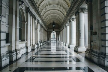 Empty corridor with columns and checkered floor leading to entrance of historic building