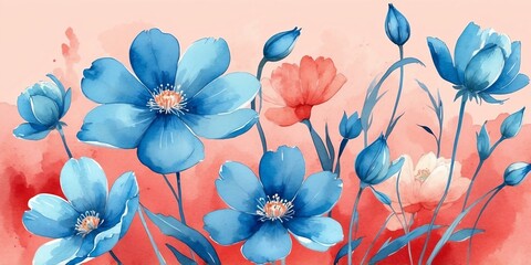 Wall Mural - pretty blue theme flowers on pastel pink background, concept for banner, watercolor style