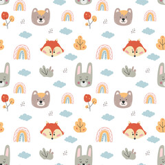 Kids seamless pattern with hand drawn cute animals in scandinavian style. Childish background with funny Little fox, bear and rabbit for nursery, wrapping paper, kids apparel, fabric, textile. Vector