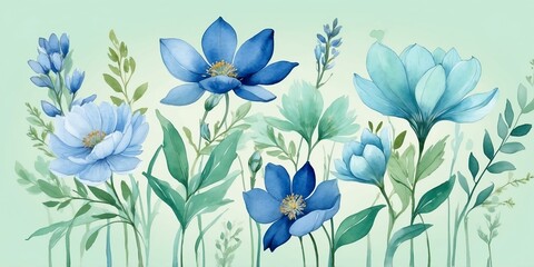 Wall Mural - pretty blue theme flowers on pastel green background, concept for banner, watercolor style