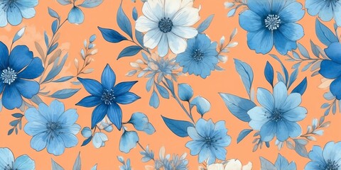 Wall Mural - pretty blue theme flowers on pastel orange background, concept for banner, watercolor style