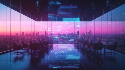 Wall Mural - Futuristic office space with digital displays and a city skyline at sunset.