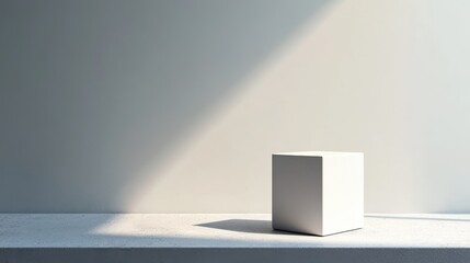 Wall Mural - A simple white cube on a minimalist surface with soft lighting and shadows.