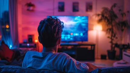 A person enjoying a cozy evening at home, watching a colorful display on a modern TV surrounded by warm ambient lights.