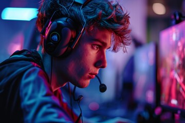 Focused gamer immersed in digital world, showcasing modern gaming environment and vibrant lights, enhancing player experience.