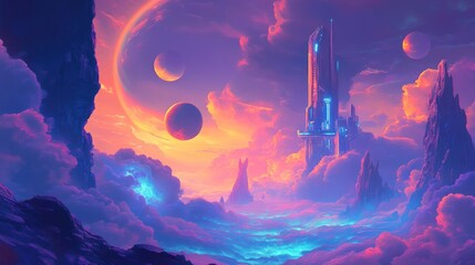 Wall Mural - A vibrant, surreal landscape featuring towering structures, planets, and colorful clouds.