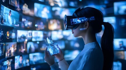 Poster - a person wearing a virtual reality headset analyzing and visualizing complex data and information on