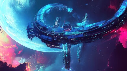 Wall Mural - A futuristic space station orbiting a vibrant, colorful planet in a cosmic setting.