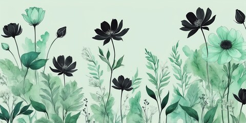 Wall Mural - pretty black theme flowers on pastel green background, concept for banner, watercolor style