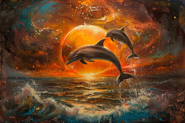 Two dolphins are swimming in the ocean near a sunset