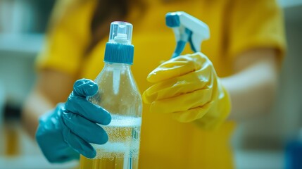 A person wearing gloves holds a spray bottle and a cleaning solution in a bright, organized indoor space while preparing for a cleaning task