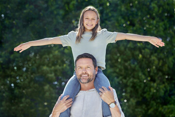 Wall Mural - Portrait, airplane and girl with dad, outdoor and happy in nature, fresh air and relax in morning or plants. Spring, bonding and child with father, peace and kid in backyard, smile or calm in weekend