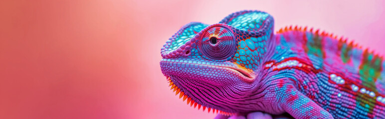 Colorful chameleon closeup on a vibrant pink background