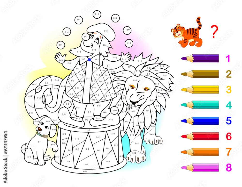 Clown Math Worksheet Math education for children. Coloring book. Mathematical exercises on ...