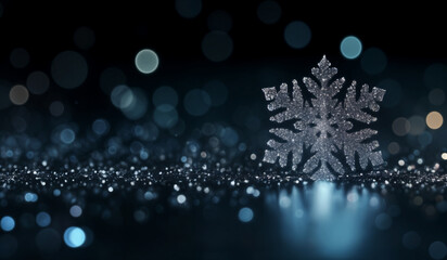 Sticker - A colorful holographic snowflake on a black background with bokeh sparkles.