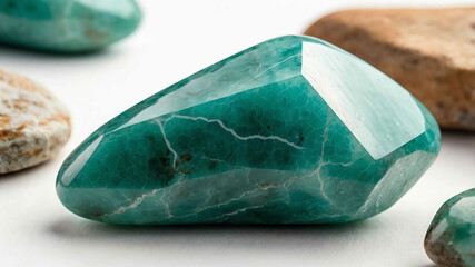 Polished amazonite stone with plain white background