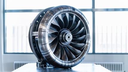 Turbofan jet engine being inspected in a factory