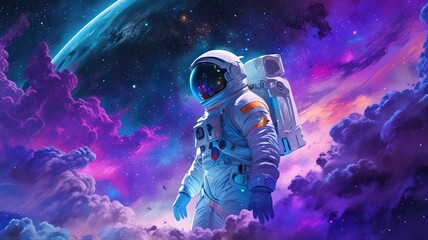 an astronaut walks through the vast expanse of space, the colorful nebula swirling around them.