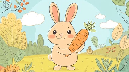 Wall Mural - A cartoon bunny with a carrot in a garden.