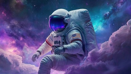 Wall Mural - An astronaut walks through the vast expanse of space, the colorful nebula swirling around them.