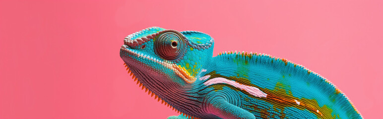 Colorful chameleon close-up against a vibrant pink background