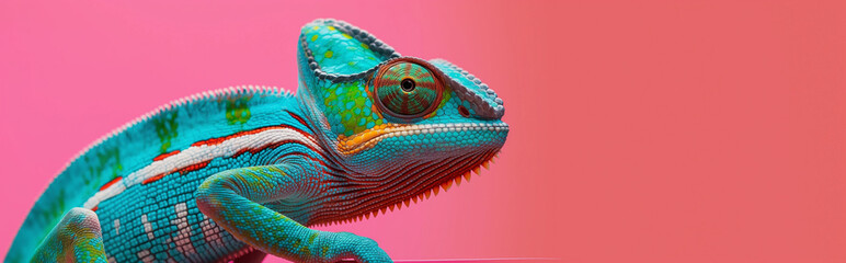 Colorful chameleon close-up against a vibrant pink background