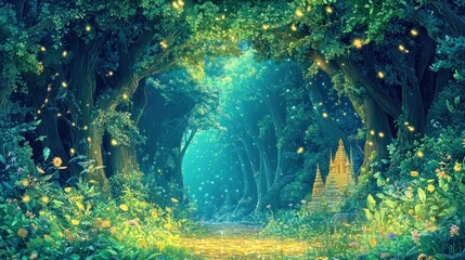 Wall Mural - A serene forest path illuminated by fireflies, leading to a mystical structure.