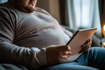 very overweight individual browsing social media on a tablet, seated comfortably. a man is comfortab