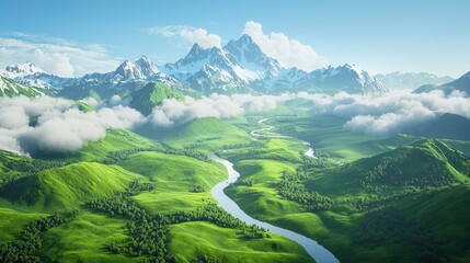 Wall Mural - Mountain Valley Landscape with Clouds and River.