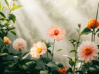 Wall Mural - Delicate Peach Flowers with Sunbeams.