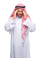 Wall Mural - Young handsome man wearing keffiyeh over isolated background with hand on head for pain in head because stress. Suffering migraine.