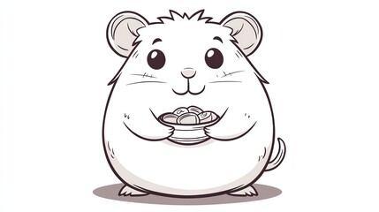 Sticker - A black and white cartoon illustration of a cute hamster holding a bowl of food.