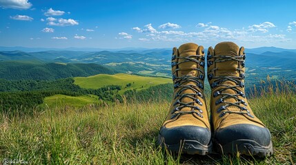 Hiking boots on a grassy hill overlooking a scenic landscape.