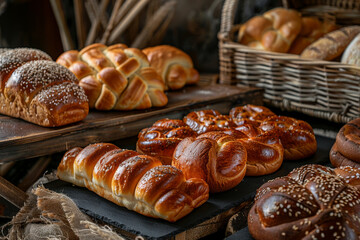 A variety of breads are displayed on a table, including some with sesame seeds