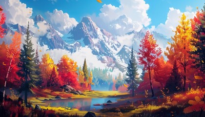 Wall Mural - Beautiful autumn landscape of forest and mountains