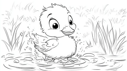 Poster - A black and white illustration of a baby duck standing in a pond.