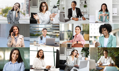 Aufkleber - A diverse group of professional women is captured engaging in various office activities throughout a modern workspace. Some are on phone calls, while others are using laptops or interacting in teams