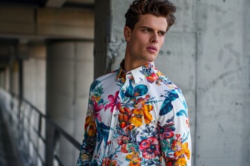 Handsome young male model posing in an urban environment, wearing a colorful floral shirt