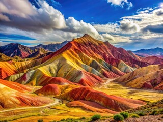 Wall Mural - Vibrant colors of red, orange, and yellow hues dance across the rugged terrain of Rainbow Mountain, a scenic natural wonder in Nevada's mountainous landscape.