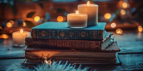 Cozy library setting with stacked books and candles illuminated in soft light during a serene evening atmosphere. Generative AI