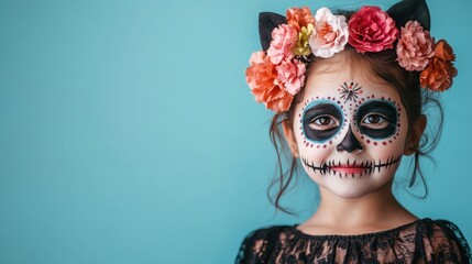 Wall Mural - Day of the Dead, little girl sugar skull makeup with flower crown, Mexican tradition celebration