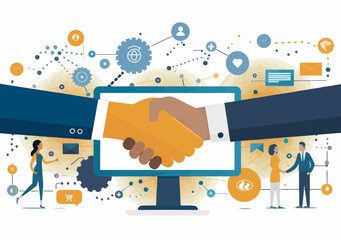 Poster - Business Contract and Network Collaboration Vector Illustration with Two People Shaking Hands Over Digital Network of Icons Depicting Communication, Technology, and Teamwork Concepts
